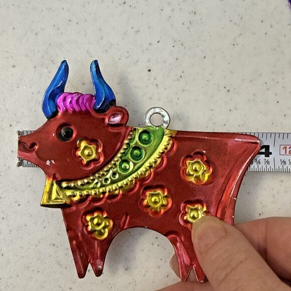 Vintage Mexican Folk Art Hand Painted Punched Tin Christmas Ornaments 6 Lot - Picture 7 of 16